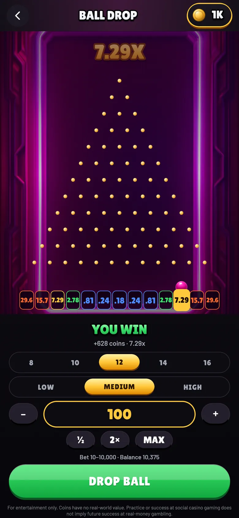 Ball Drop board with 12 rows and payout buckets