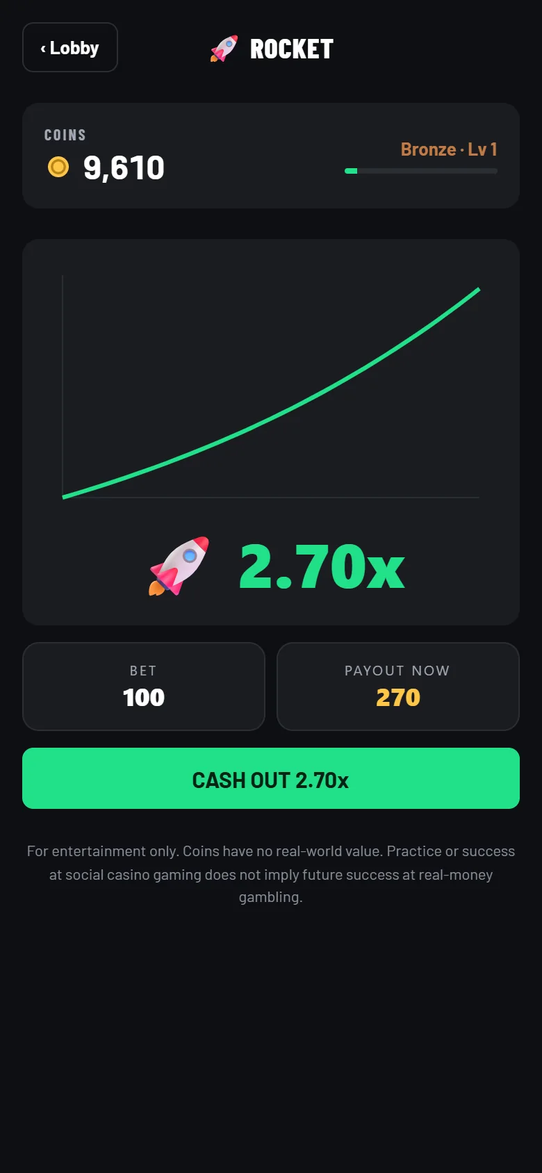 Rocket game at 2.70x
