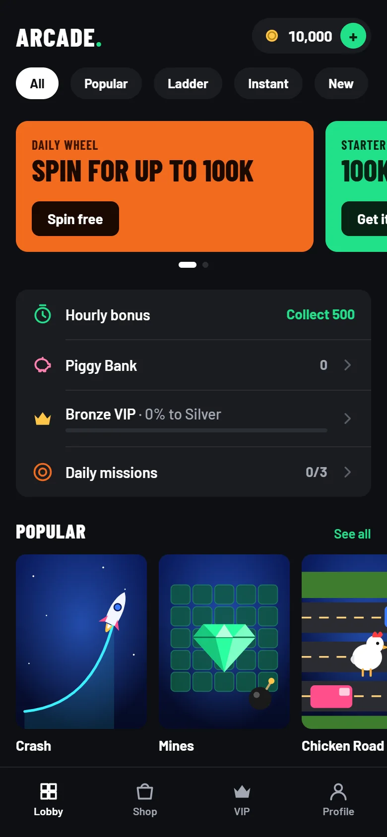 Cashout Arcade lobby screen