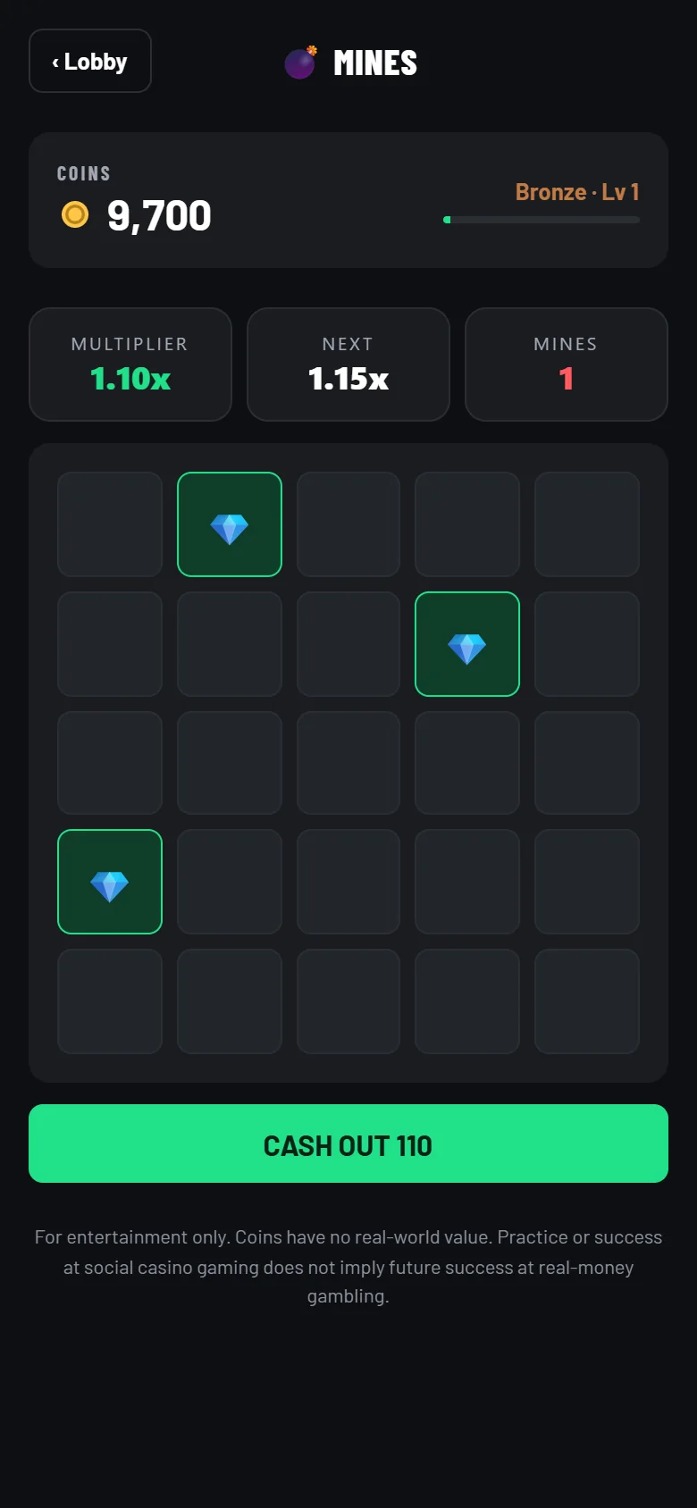 Mines game with gems revealed