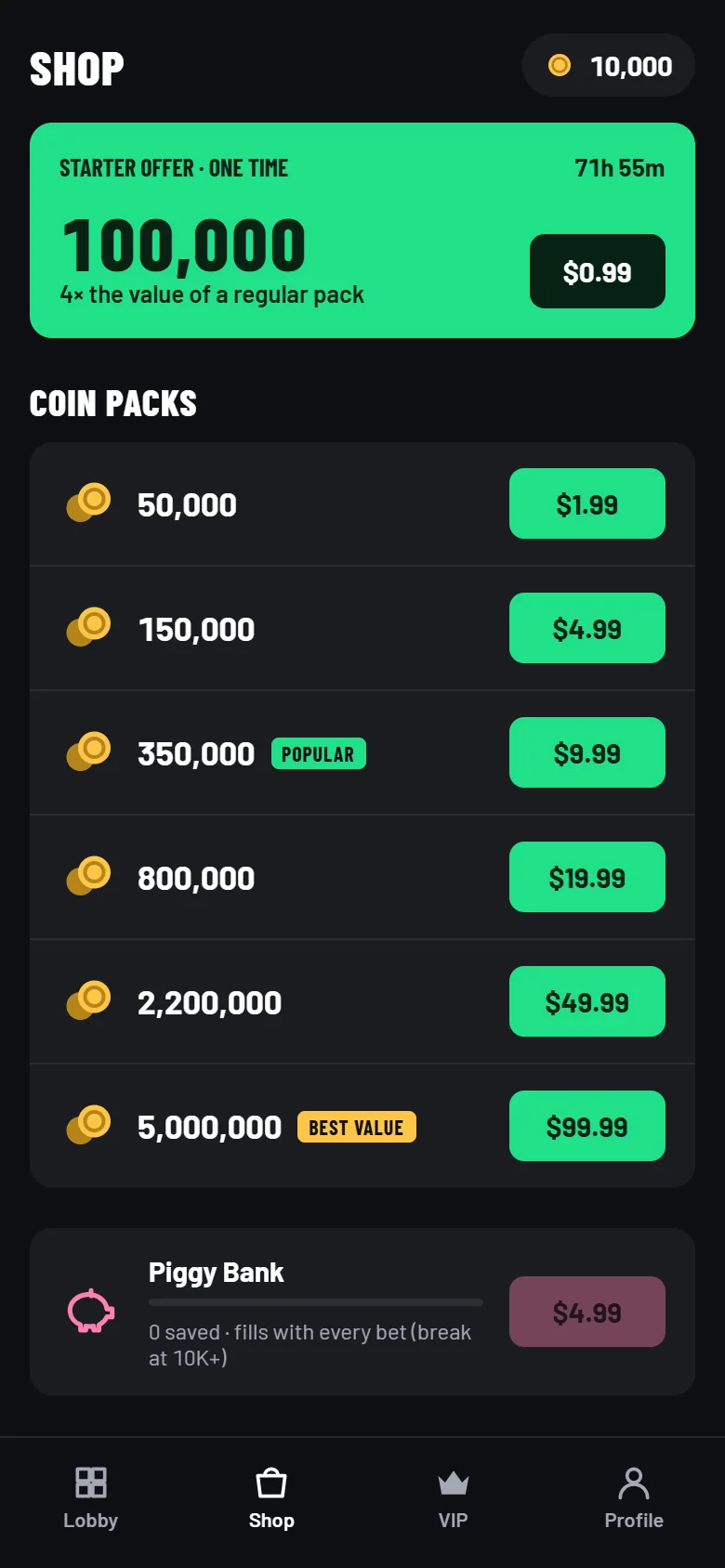 Shop with a starter offer and six coin packs