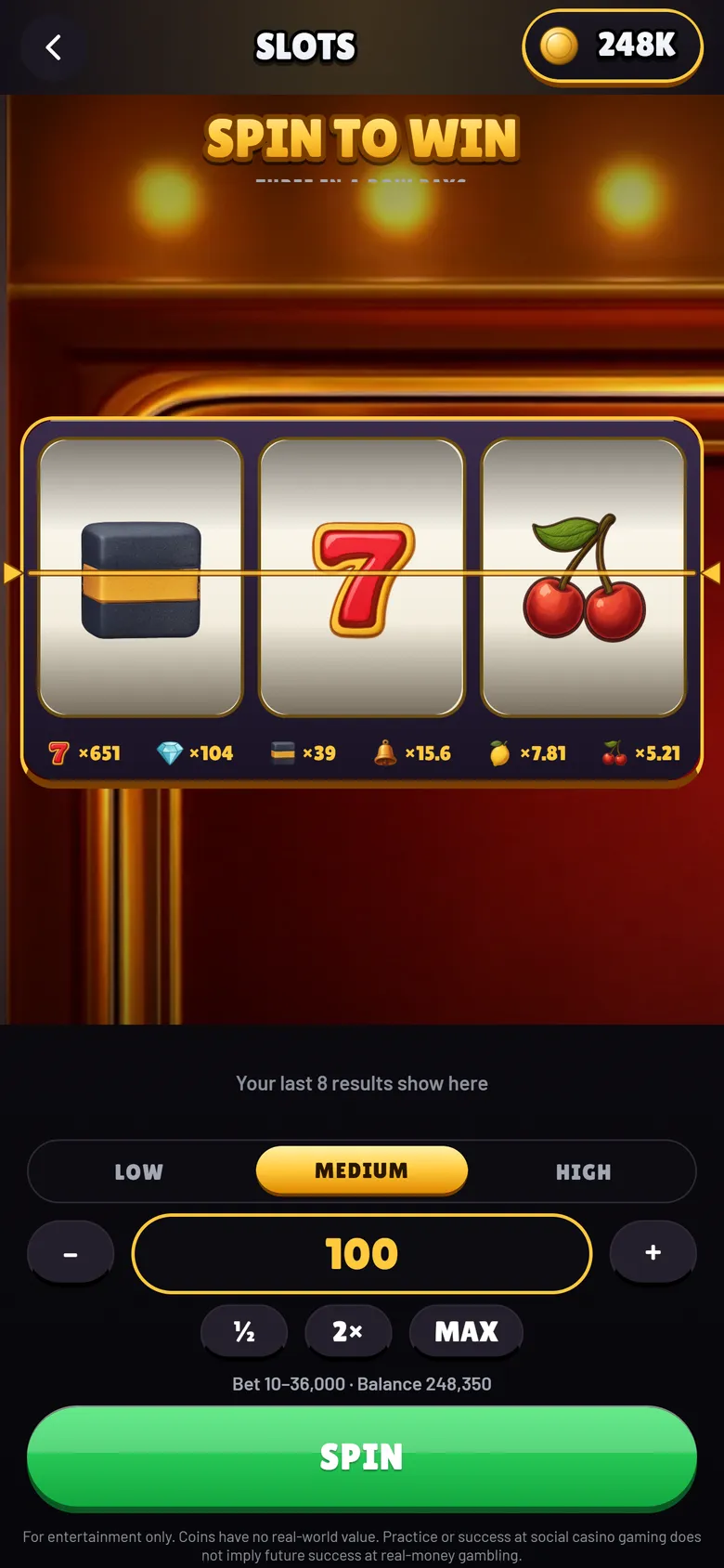 Slots with three reels landed on a bar, a seven and cherries